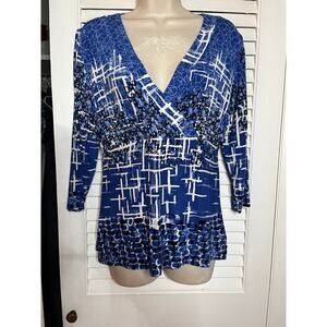 Chico's Travelers black blue‎ white print crossover v neck knit top size 1 (M)